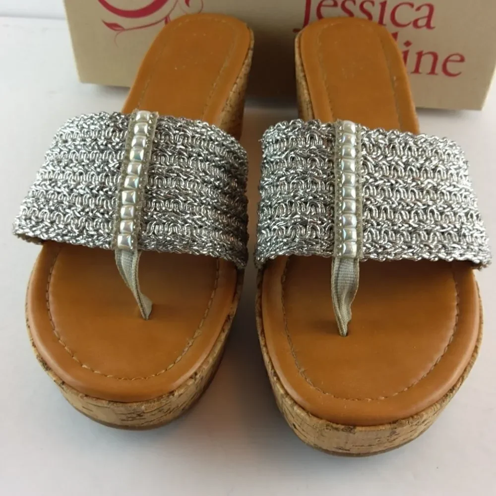 Jessica Cline Debut silver cork wedge heel slides